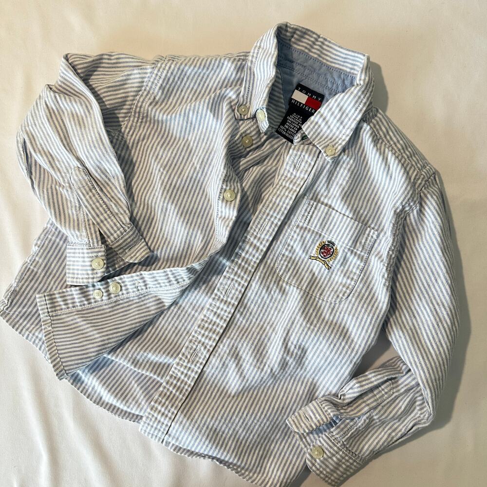 Tommy Hilfiger 100% Cotton Blue Pinstripe Button Down Long Sleeve Top Sz 4T